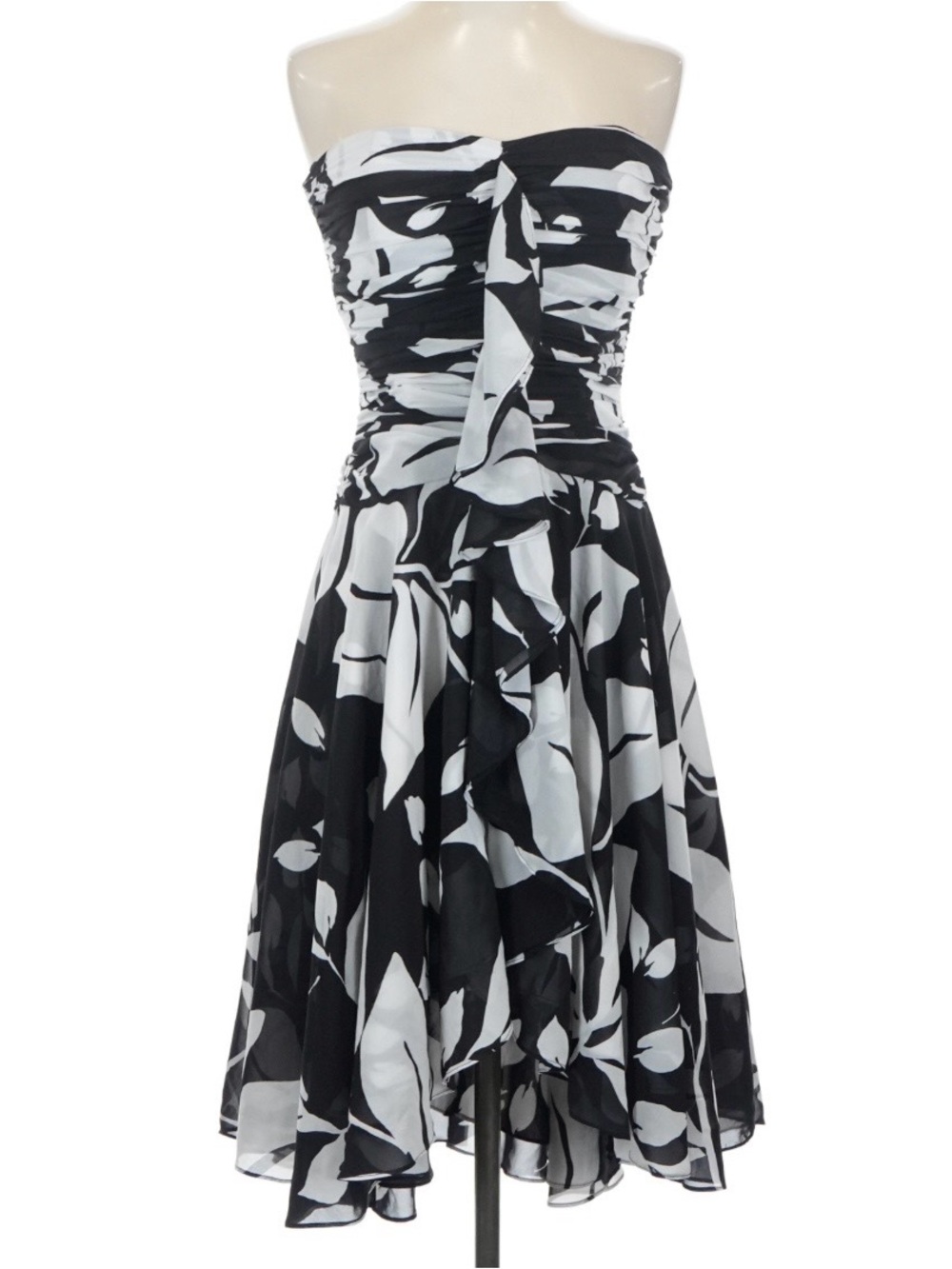 White House Black Market strapless dress floral ruffle midi sweetheart aline
